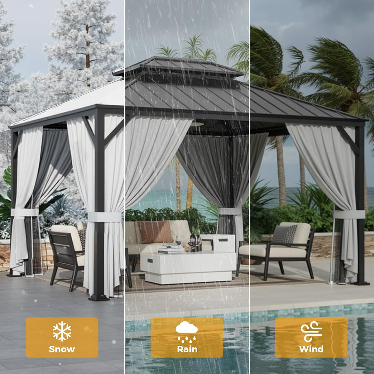 IRONCK 10'x12' Outdoor Hardtop Gazebo, Aluminum Patio Gazebo with Galvanized Steel Double Roof, Patio Pergola with Net and Curtain, Backyard Canopy for Garden, Deck, Black Gray