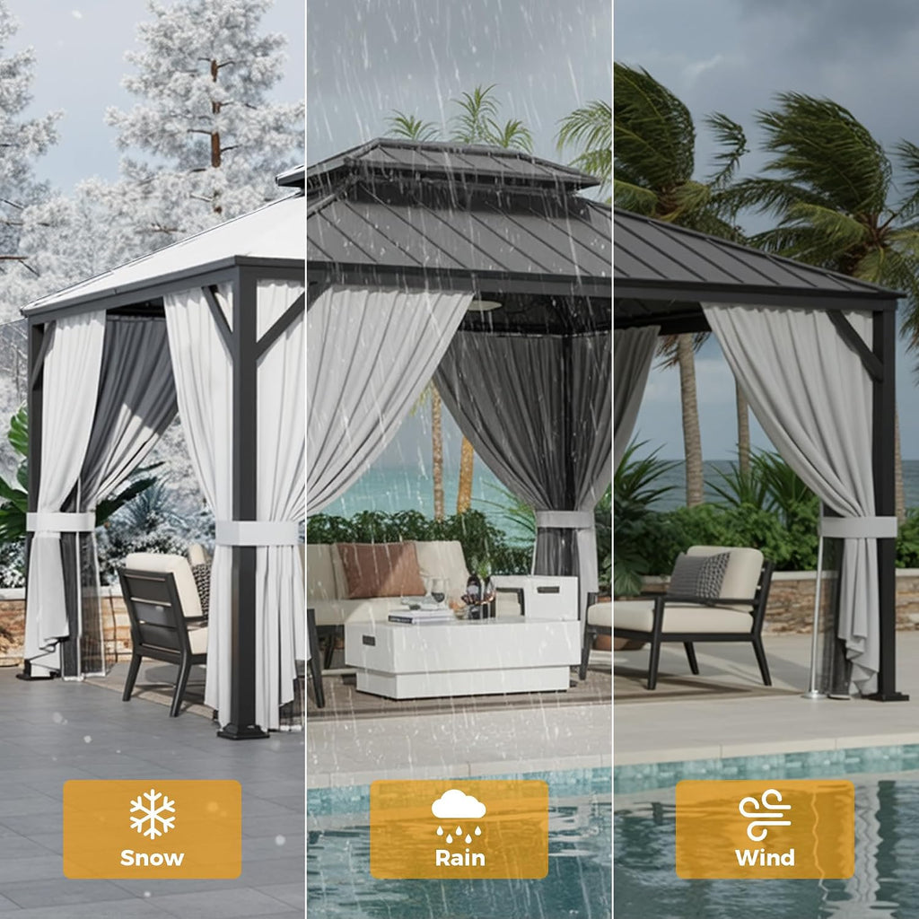 IRONCK 12'x16' Outdoor Hardtop Gazebo, Aluminum Patio Gazebo with Galvanized Steel Double Roof, Patio Pergola with Net and Curtain, Backyard Canopy for Garden, Deck, Black Gray