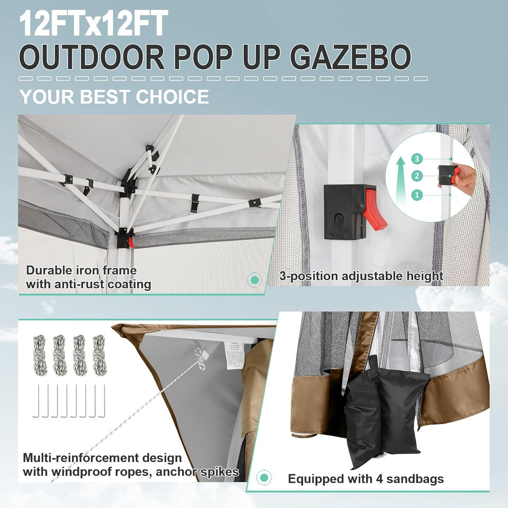 COBIZI 12x12 FT Pop up Gazebo on Clearance Canopy Tent, Carpas para Patio, Easy up Outdoor Canopy Tents with Portable Storage Bag for Backyard, Outdoor Waterproof Gazebos for Garden,Camping, Brown