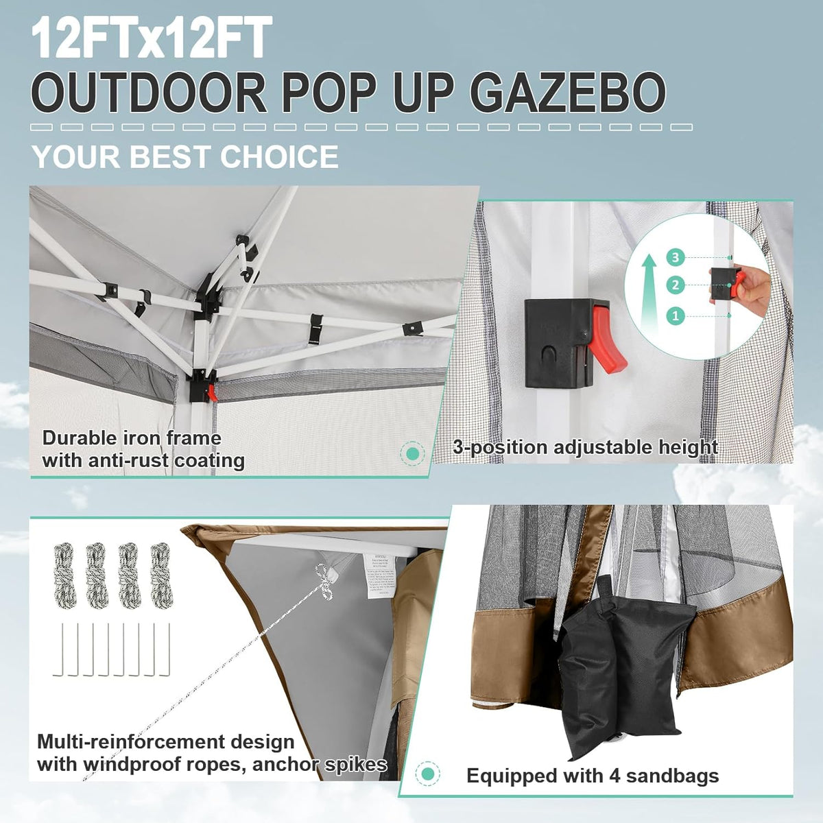 COBIZI 12x12 FT Pop up Gazebo on Clearance Canopy Tent, Carpas para Patio, Easy up Outdoor Canopy Tents with Portable Storage Bag for Backyard, Outdoor Waterproof Gazebos for Garden,Camping, Brown