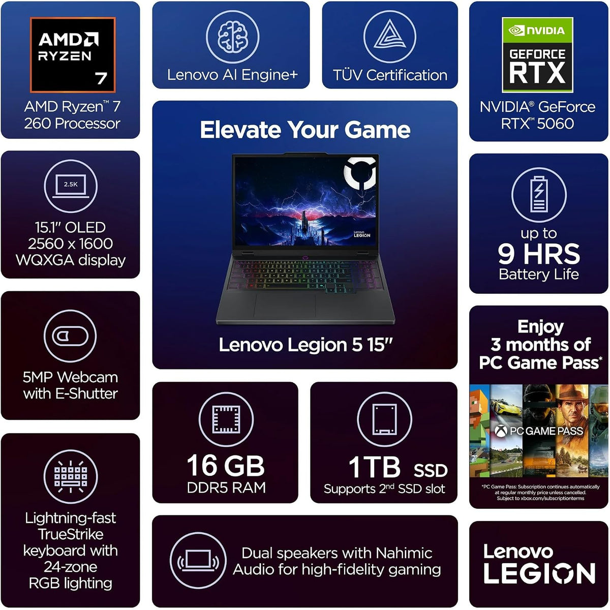 Lenovo Legion 5 15.1' WQXGA OLED 165HZ Gaming Notebook, AMD Ryzen 7 260, RTX 5060, Wi-Fi7, Backlit KB, Win11 Pro & Office Lifetime License, Eclipse Black (16GB RAM 1TB SSD),w/2TB USB Drive, W/GaLiMu