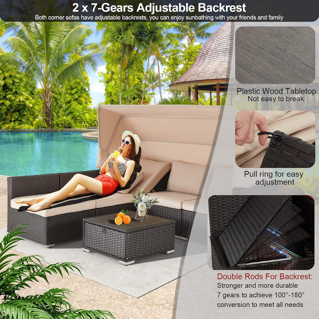 6 Pieces Patio Furniture Sets Outdoor Sectional Sofa Set Rattan Daybed with Retractable Canopy, Adjustable Backrest, Storable Tea Table Rectangle Sunbed for Backyard Garden Poolside(Khaki)