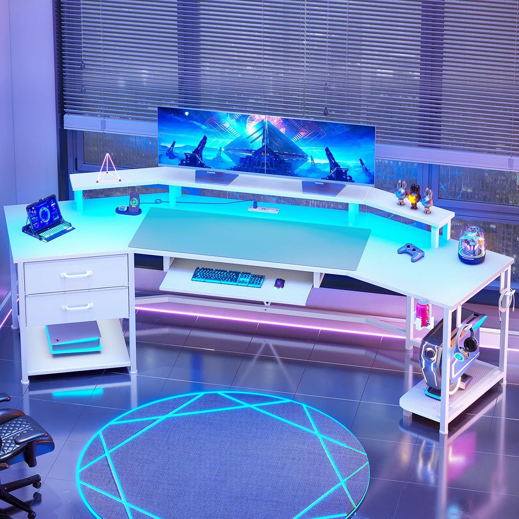 Itaar 79' Gaming Desk with 2 Fabric Drawers, Long Computer Desk with Power Strip & LED Lights, U Shaped Desk with Storage and Cup Holder, Large Gaming Table for Bedroom, Carbon Fiber White