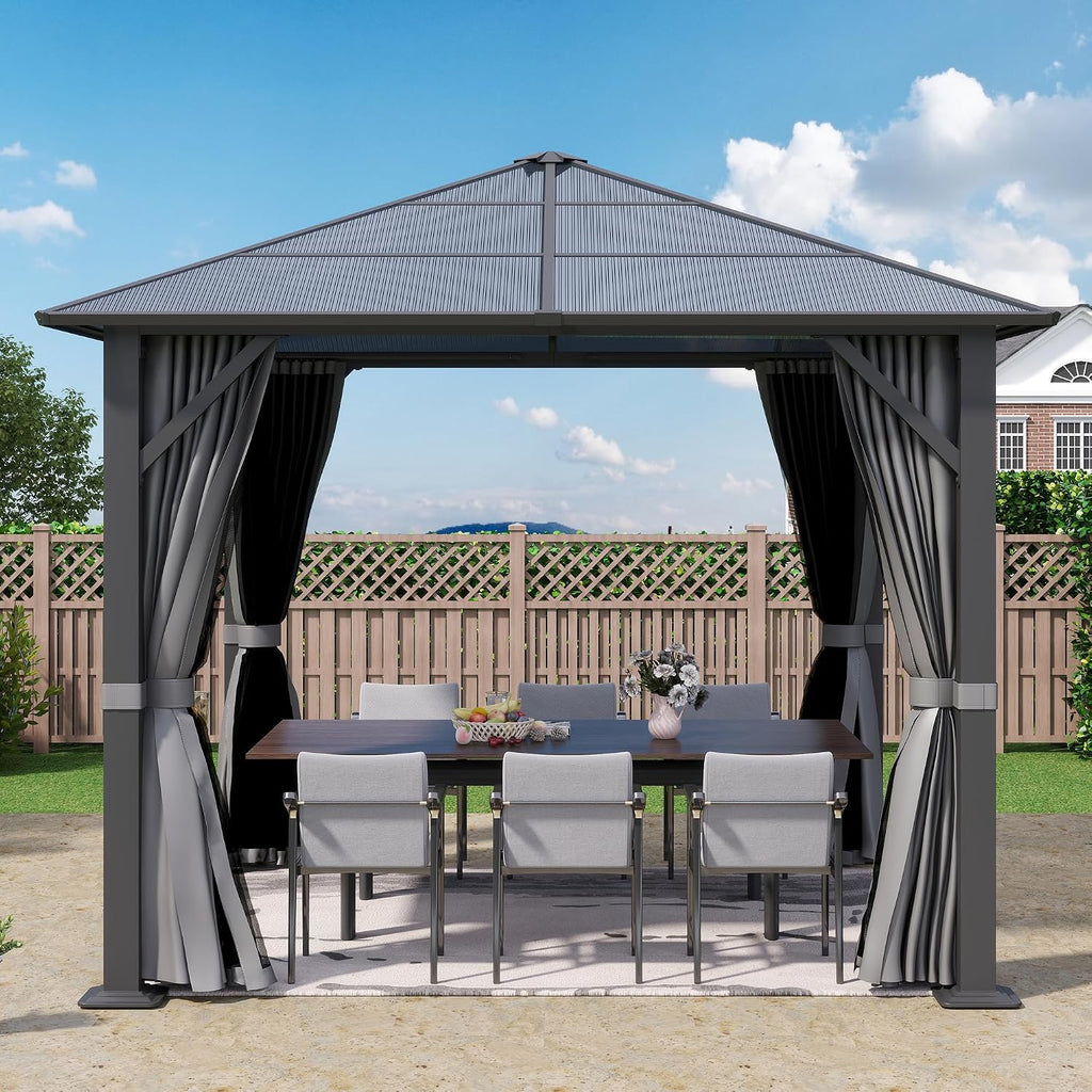 9.7 x 9.7FT Gazebo Hardtop, Outdoor Patio Gazebos with Polycarbonate Roof & Steel Frame, Outdoor Pavilion with Gray Curtain&Netting for Backyard/Lawn/Garden/Deck
