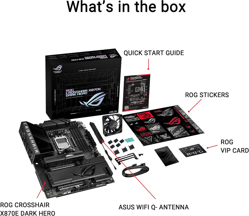 ASUS ROG Crosshair X870E Dark Hero ATX Motherboard, 20+2+2 Power Stages, DDR5 Slots, PCIe® 5.0, Five M.2 Slots, 3D VC M.2 heatsink, USB4®, AI Cache Boost, PCIe Slot Q-Release, AIO Q-Connector