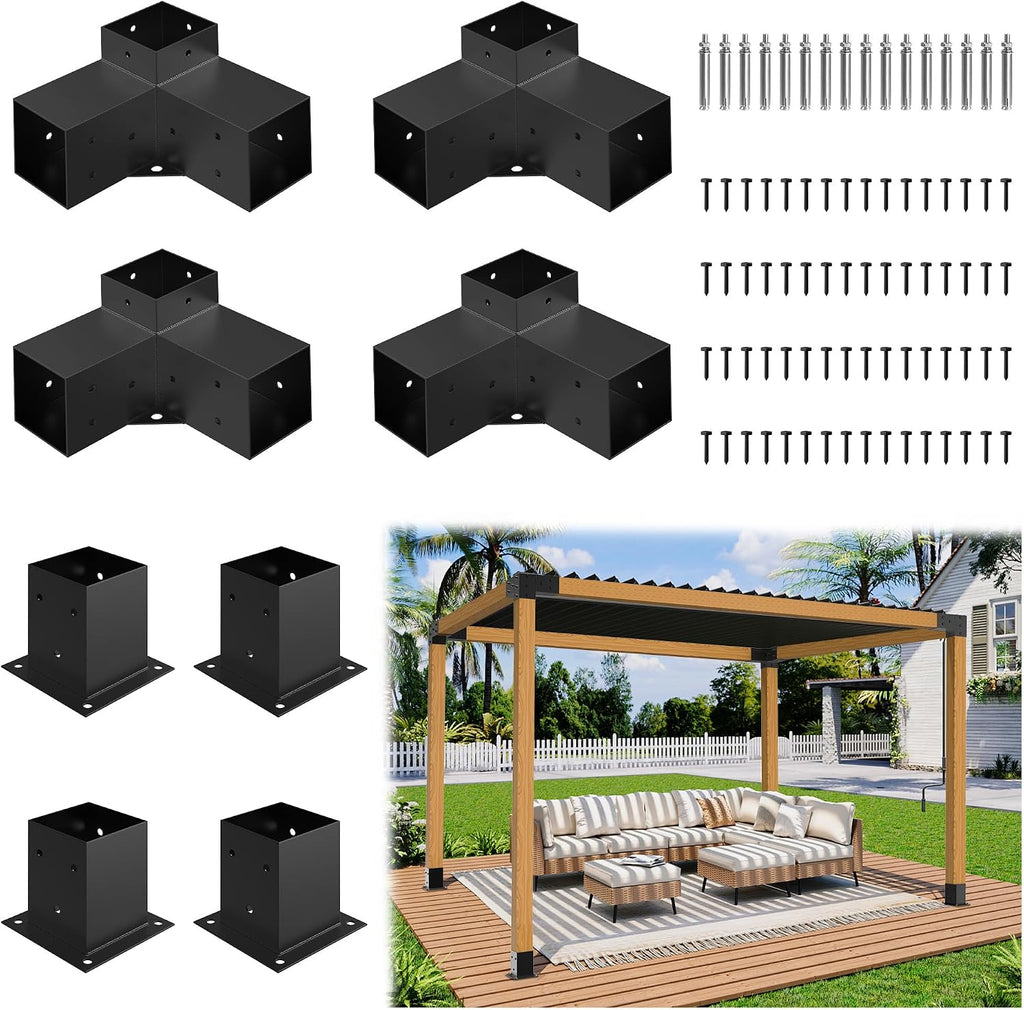 JEXALINE Aluminum Pergola Kit for 4'x4' Lumber, Heavy Duty Pergola Brackets with 3-Way & 4-Way Corner Brackets, DIY Gazebo Kit for Outdoor Patio Backyard Garden, Fits Actual 3.6' x 3.6' Wood