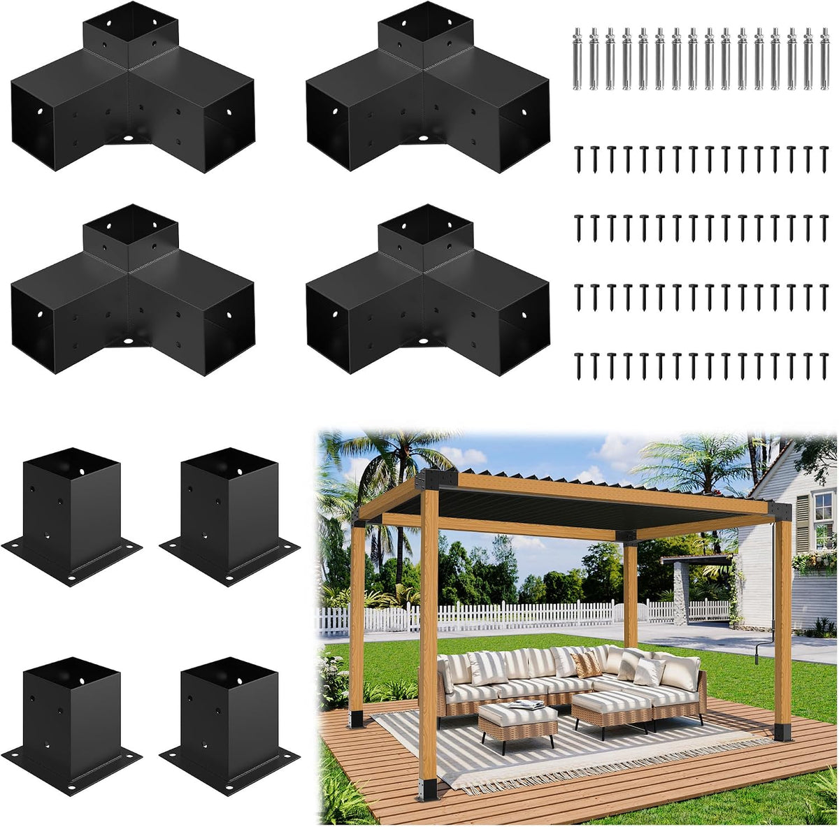 JEXALINE Aluminum Pergola Kit for 4'x4' Lumber, Heavy Duty Pergola Brackets with 3-Way & 4-Way Corner Brackets, DIY Gazebo Kit for Outdoor Patio Backyard Garden, Fits Actual 3.6' x 3.6' Wood