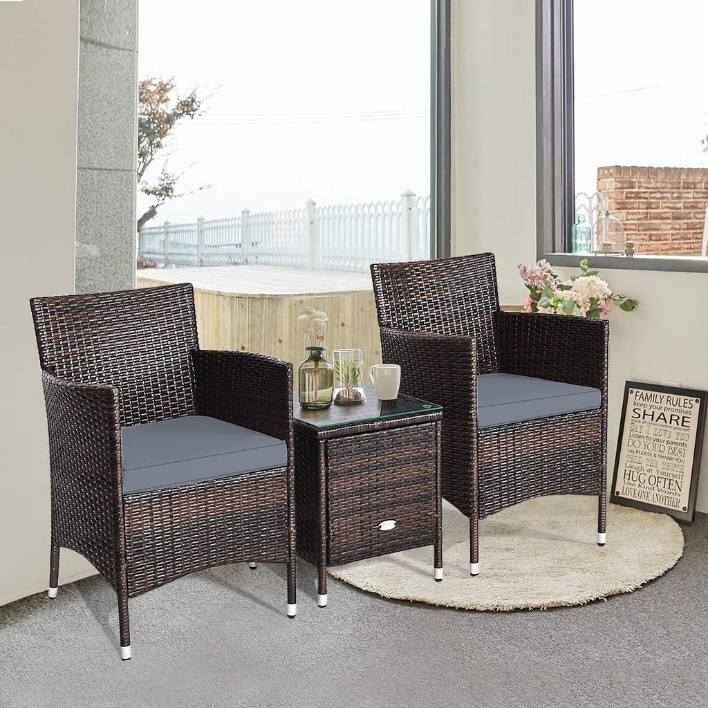 HAPPYGRILL 3-Pieces Patio Furniture Set Outdoor Wicker Rattan Conversation Set with Coffee Table Chairs & Thick Cushions Bistro Sets for Patio Garden Lawn Backyard Pool