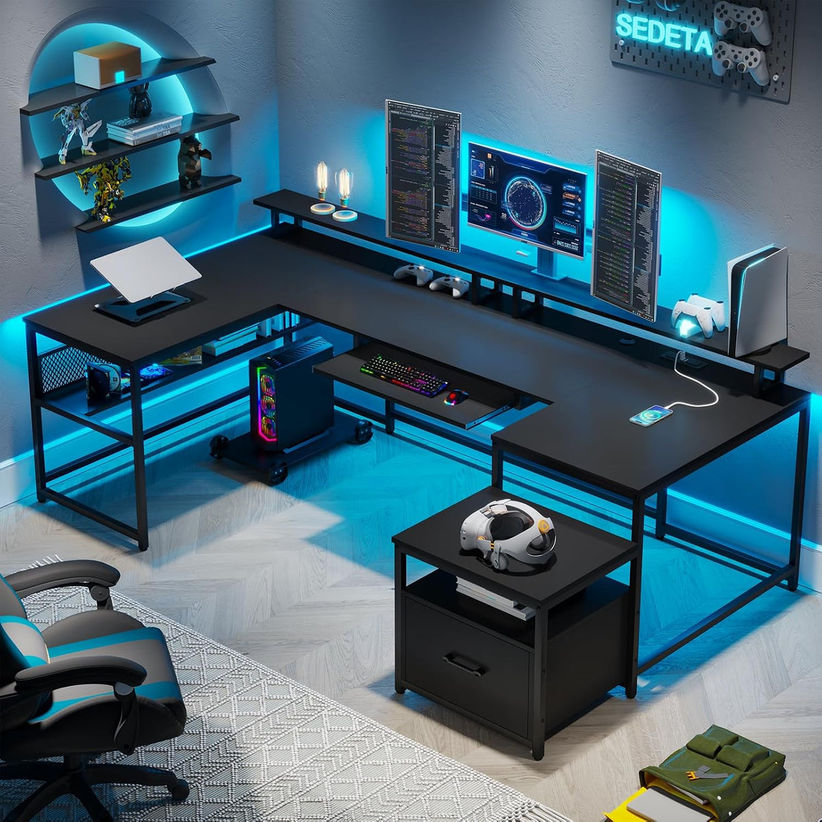 SEDETA U Shaped Desk,101.5''Reversible L Shaped Home Office Desk with Drawer & Power Outlet,Computer Two Person Desk with Monitor Shelf, Keyboard Tray, Black