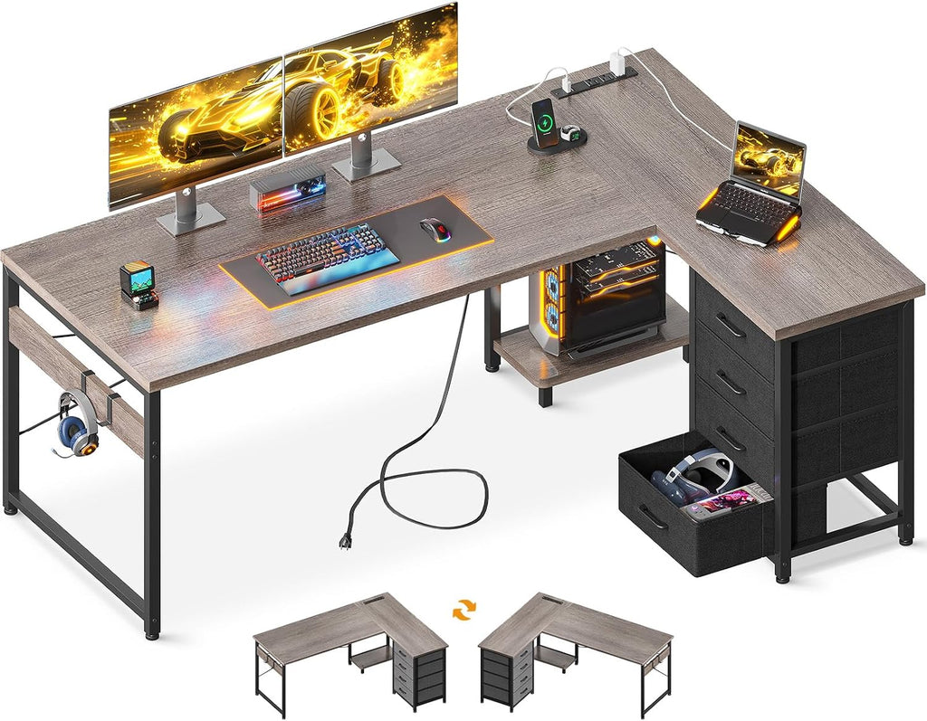 AODK L Shaped Gaming Desk with 4 Drawers, 61' Reversible Home Office Desks with Power Outlets, L Shaped Computer Desk with USB Charging Port and Host Stand, Corner Desk, Easy to Assemble, Grey