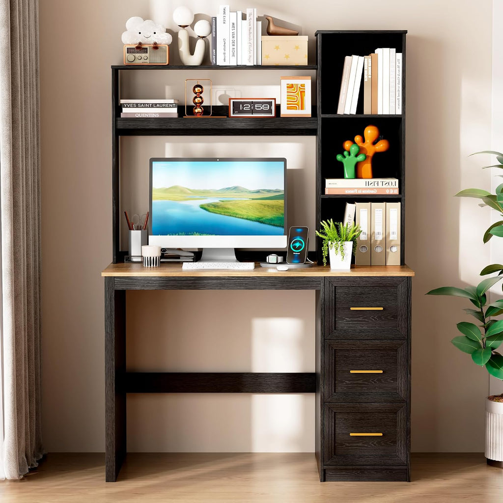 LVSOMT 40' Home Office Desk with Hutch and Drawers, Computer Desk with Power Outlets and LED Light, Study Writing Gaming Table with Storage Shelves, Workstation for Bedroom, Black