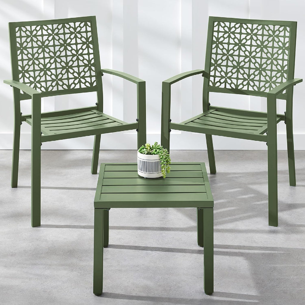 Best Choice Products 3-Piece Outdoor Bistro Set, Stackable Modern Steel Furniture for Porch, Garden w/ 2 Chairs, Table, Geometric Decor - Sage Green