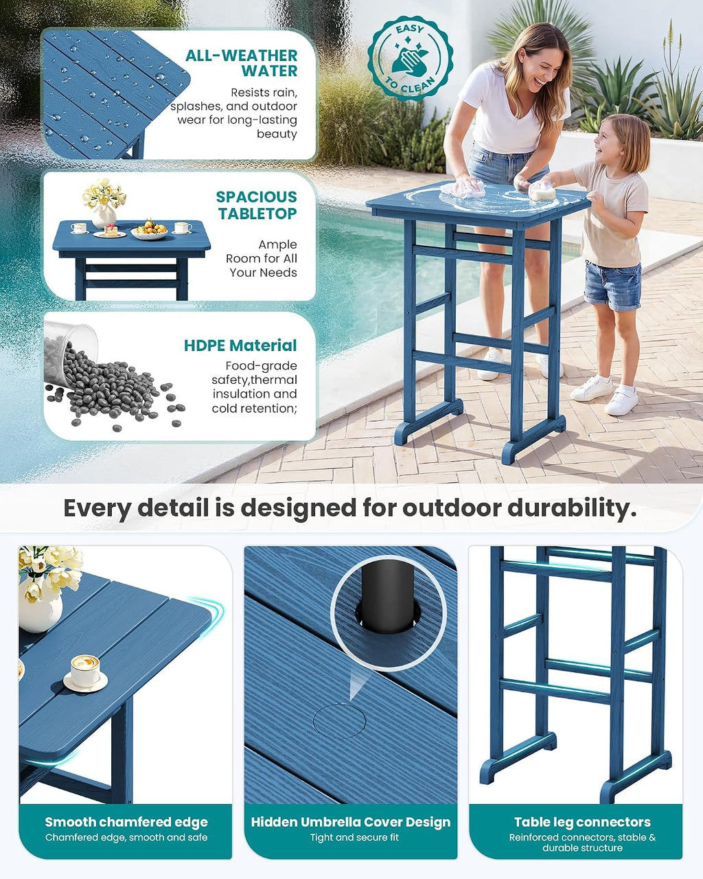 SERWALL 4 Pieces Outdoor Patio Bar Set with 9ft Umbrella, Outdoor HDPE Barstool and Table Furniture Set with Patio Umbrella, Blue
