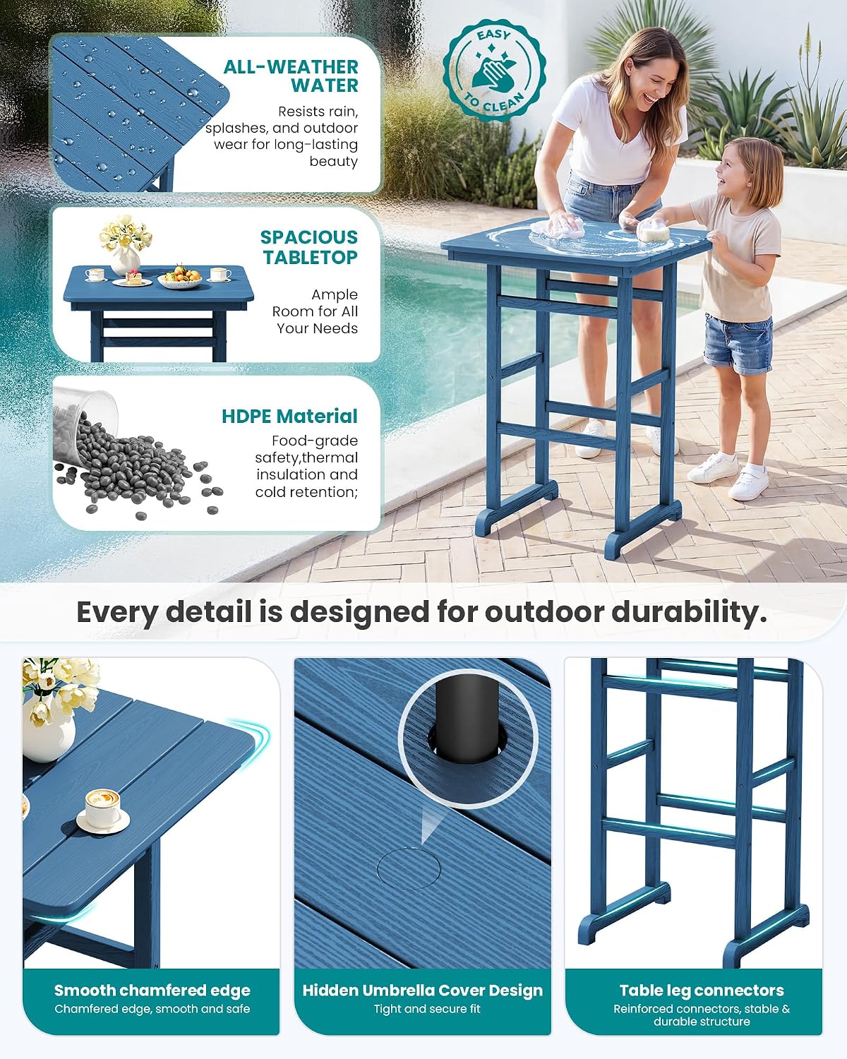 SERWALL 4 Pieces Outdoor Patio Bar Set with 9ft Umbrella, Outdoor HDPE Barstool and Table Furniture Set with Patio Umbrella, Blue