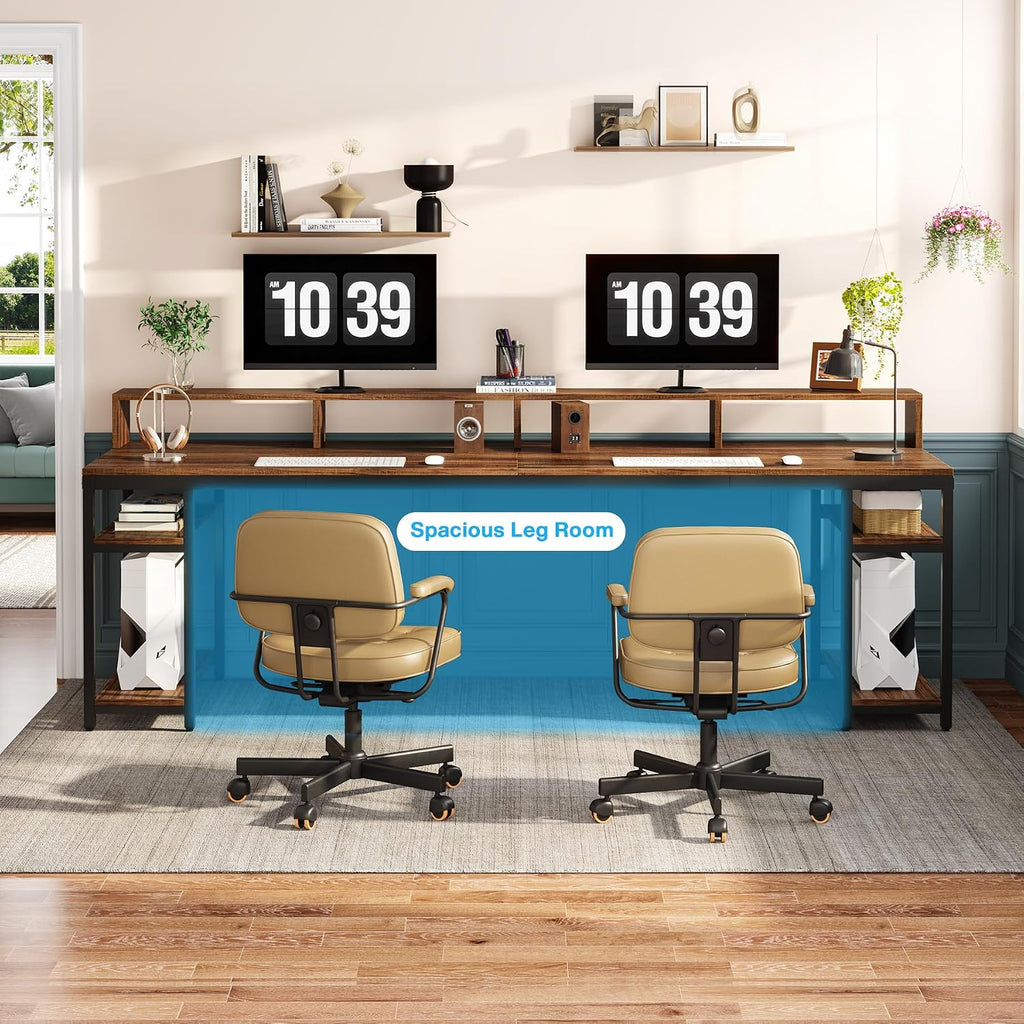 Tribesigns Two Person Desk with Monitor Stand, 78.74' Long Double Computer Office Desk with Storage Shelves, Large Gaming Study Writing Table Workstation for Home Office (Rustic Brown)