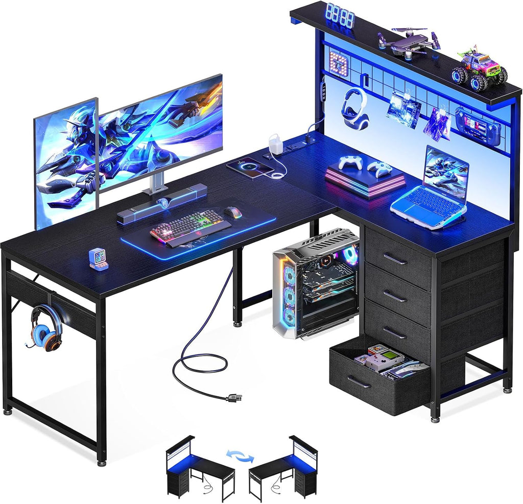 MOTPK 51' Large L Shaped Gaming Desk, Corner Computer Table with Shelf & Hutch, 4 Drawers, Reversible Study Desk with LED Light, Power Outlets & USB Ports, Home Office Table, Black