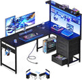 MOTPK 51' Large L Shaped Gaming Desk, Corner Computer Table with Shelf & Hutch, 4 Drawers, Reversible Study Desk with LED Light, Power Outlets & USB Ports, Home Office Table, Black