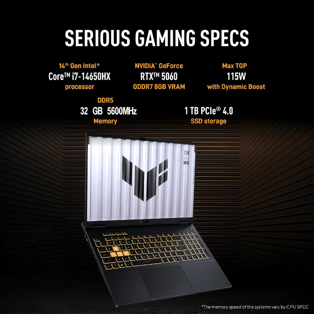 ASUS TUF F16 Gaming Laptop, Intel 16-Core i7-14650HX(Up to 5.2 GHz), NVIDIA GeForce RTX 5060, 16 Inch Full HD+ 165Hz IPS Display, 32GB DDR5, 1TB SSD, Backlit KB, Windows 11 Pro, Wi-Fi 6E, Accessories