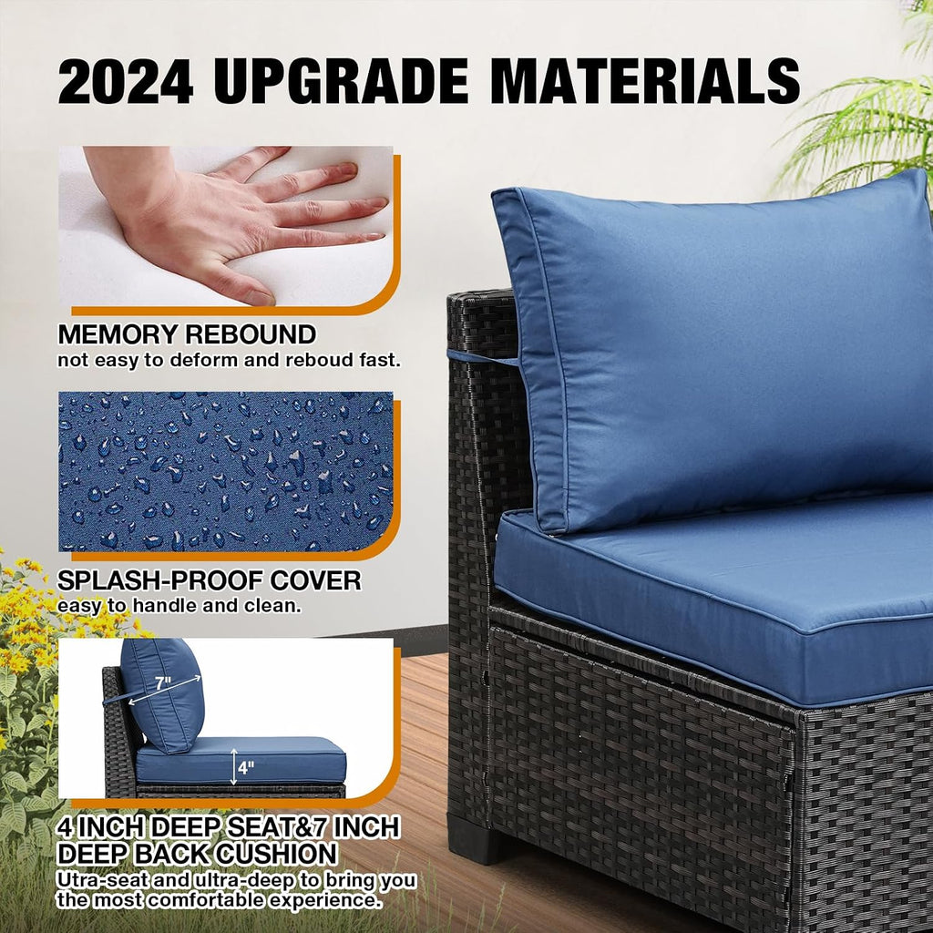 JOYURE 5 Pieces Patio Furniture Set All-Weather Outdoor Wicker Sectional Conversation Sofa Rattan Patio Seating Sofa with Cushion and Glass Table and Ottoman for Porch Poolside,Navy