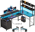 Maihail L Shaped Gaming Desk with Shelves,Reversible Computer Gaming Desk with LED Lights and Charging Station,Home Office Corner Desk with Monitor Stand,Black