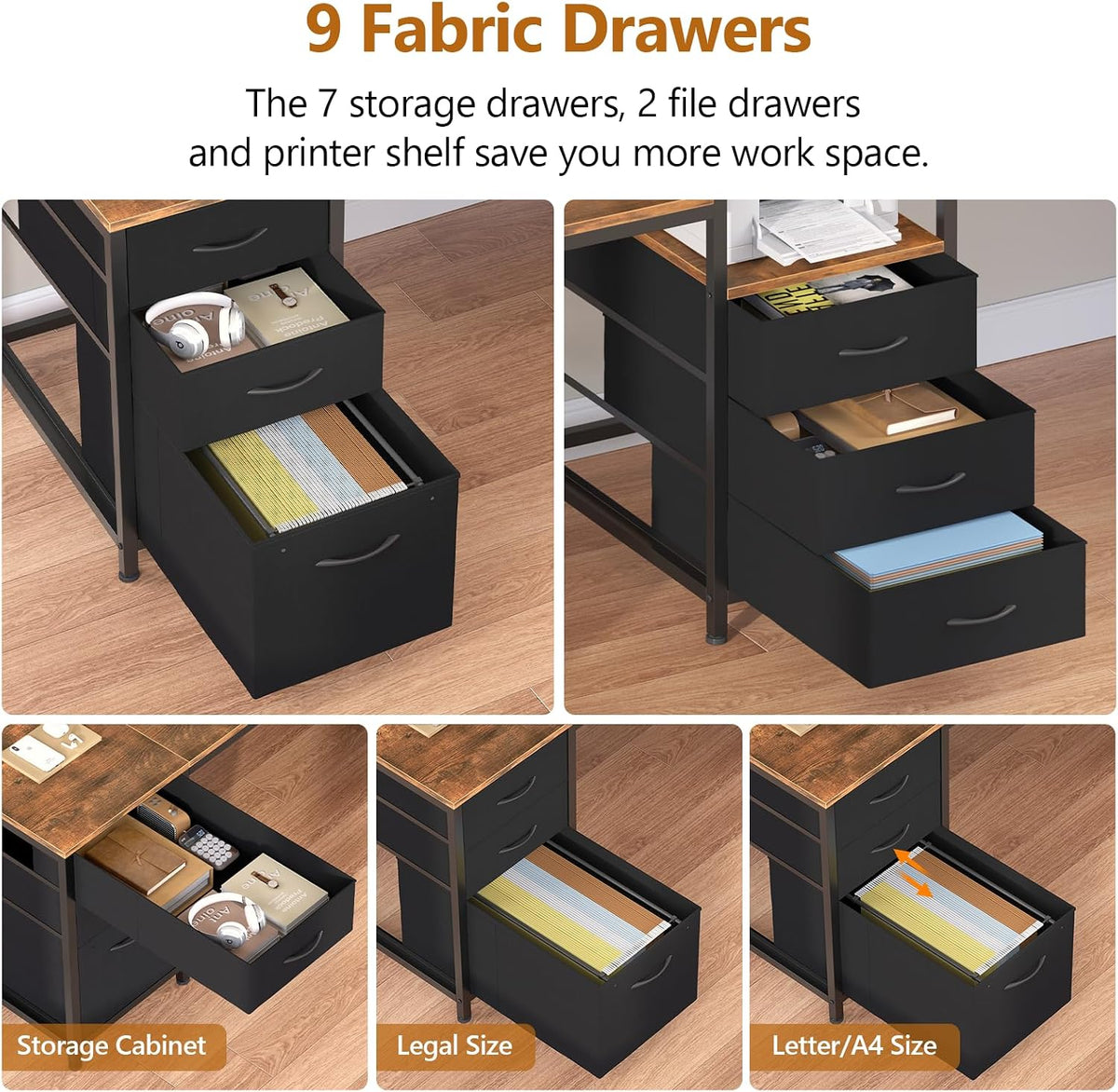 YOMILUVE 98.4' Long Computer Desk with 9 Drawers, 2 Person Gaming Desk with LED Lights & Power Outlet, Two Person Home Office Desk with Storage, Printer Shelf ＆ Monitor Stand, Rustic Brown