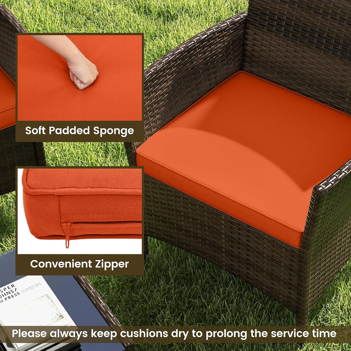 ORALNER 4 Pieces Patio Furniture Set, Rattan Chairs Loveseat with Soft Cushion and Glass Table, Outdoor Wicker Conversation Set for Balcony Garden Backyard Porch Poolside (Orange)