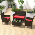 ORALNER 4 Pieces Patio Furniture Set, Rattan Chairs Loveseat with Soft Cushion and Glass Table, Outdoor Wicker Conversation Set for Balcony Garden Backyard Porch Poolside (Red)