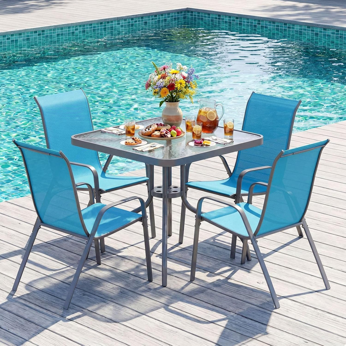 TLSUNNY Patio Dining Set 5 Pieces, All Weather Outdoor Furniture W/30'X 30' Table and 4 Stackable Textilene Chairs, Metal Table and Chairs for Lawn, Garden, Poolside, Backyard (Umbrella not Included)