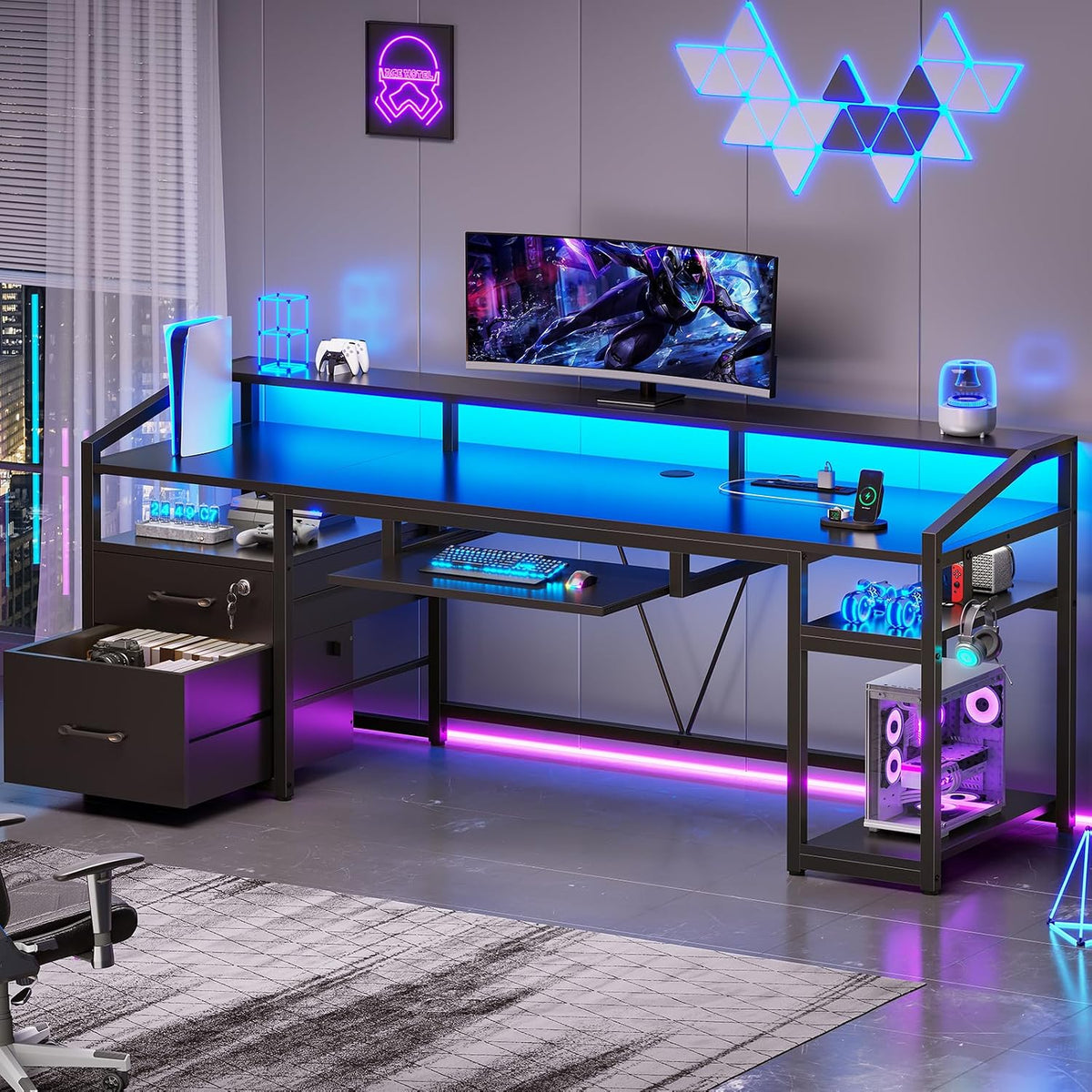 SEDETA 63' Computer Desk, Office Desk with Lockable Drawers for Legal/Letter File, Gaming Desk with LED Lights & Power Outlet, Home Office Desks with Storage, Black