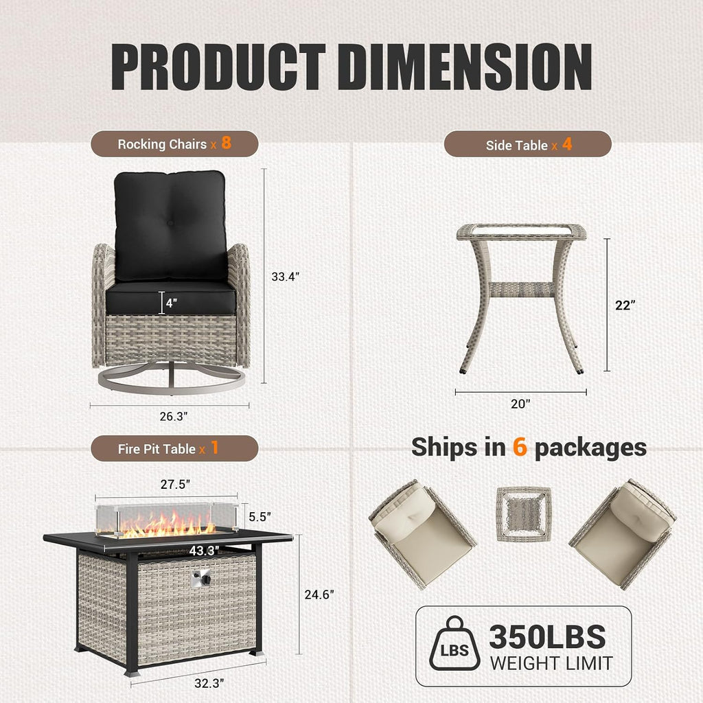 13Pcs Patio Rocking Swivel Chair with 55,000 BTU Fire Pit Table Outdoor Wicker Rattan Bistro Set with Tempered Glass Side Table, Outdoor Patio Furniture Set for Garden and Balcony, Dark Grey