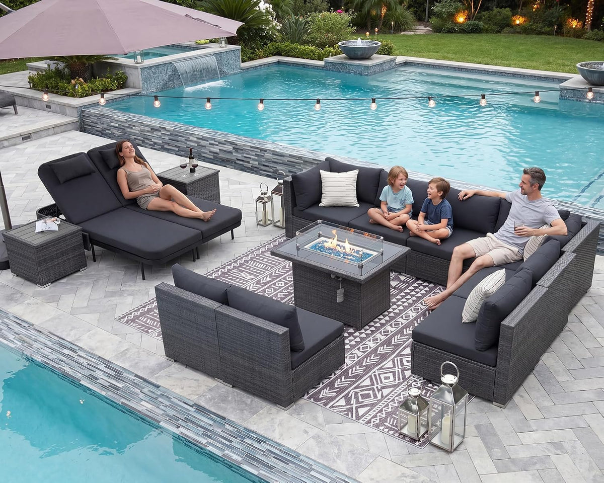 NICESOUL 13 Piece Patio Furniture Set with Fire Pit Table, Luxury Wicker Outdoor Patio Sectional with Fire Pit & Chaise Lounge, 29.3' Highback Extra Large Size Wide Deep Seating, Dark Gray