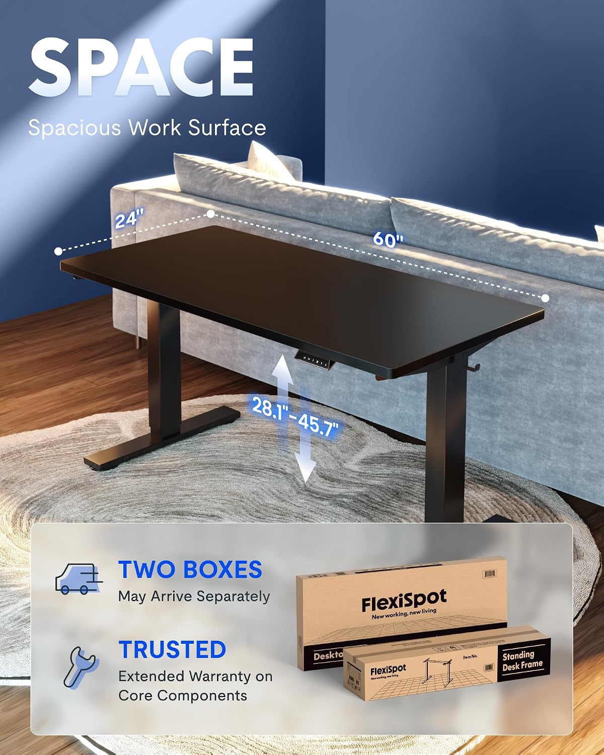 FLEXISPOT EN1 One-Piece Standing Desk, Electric Adjustable with 4 Memory Presets, 176 LBS Capacity, Stable & Quiet, Seamless Desktop for Home Office & Dual Monitors, 60'x24' Black