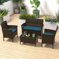 ORALNER 4 Pieces Patio Furniture Set, Rattan Chairs Loveseat with Soft Cushion and Glass Table, Outdoor Wicker Conversation Set for Balcony Garden Backyard Porch Poolside (Peacock Blue)