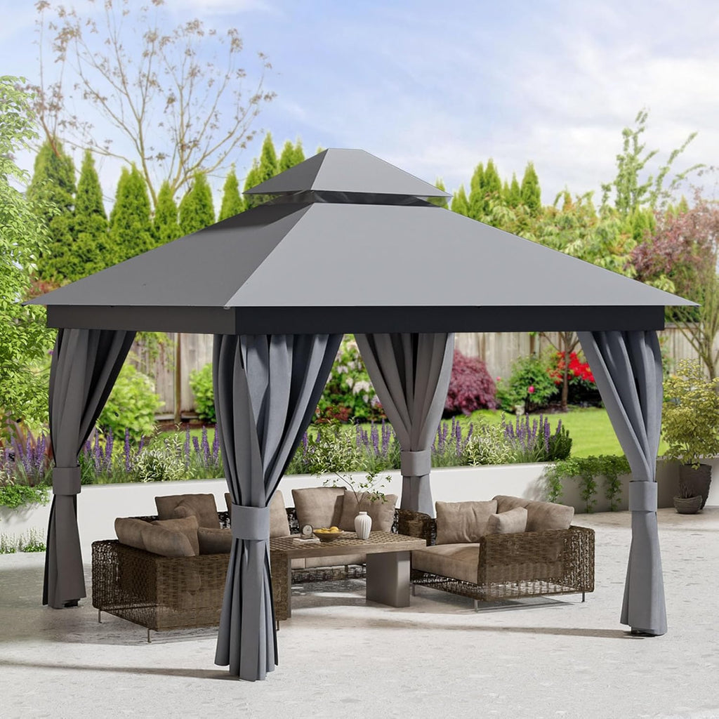 10'x10' Outdoor Patio Gazebo - Heavy Duty Party Tent & Shelter with Double Roofs, Outdoor Steel Frame Gazebo with Mosquito Net and Privacy Curtains for Backyard Garden Deck Lawns (Gray, 10x10)