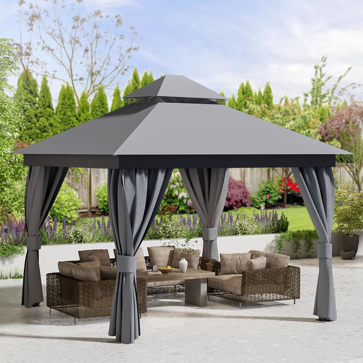 10'x10' Outdoor Patio Gazebo - Heavy Duty Party Tent & Shelter with Double Roofs, Outdoor Steel Frame Gazebo with Mosquito Net and Privacy Curtains for Backyard Garden Deck Lawns (Gray, 10x10)