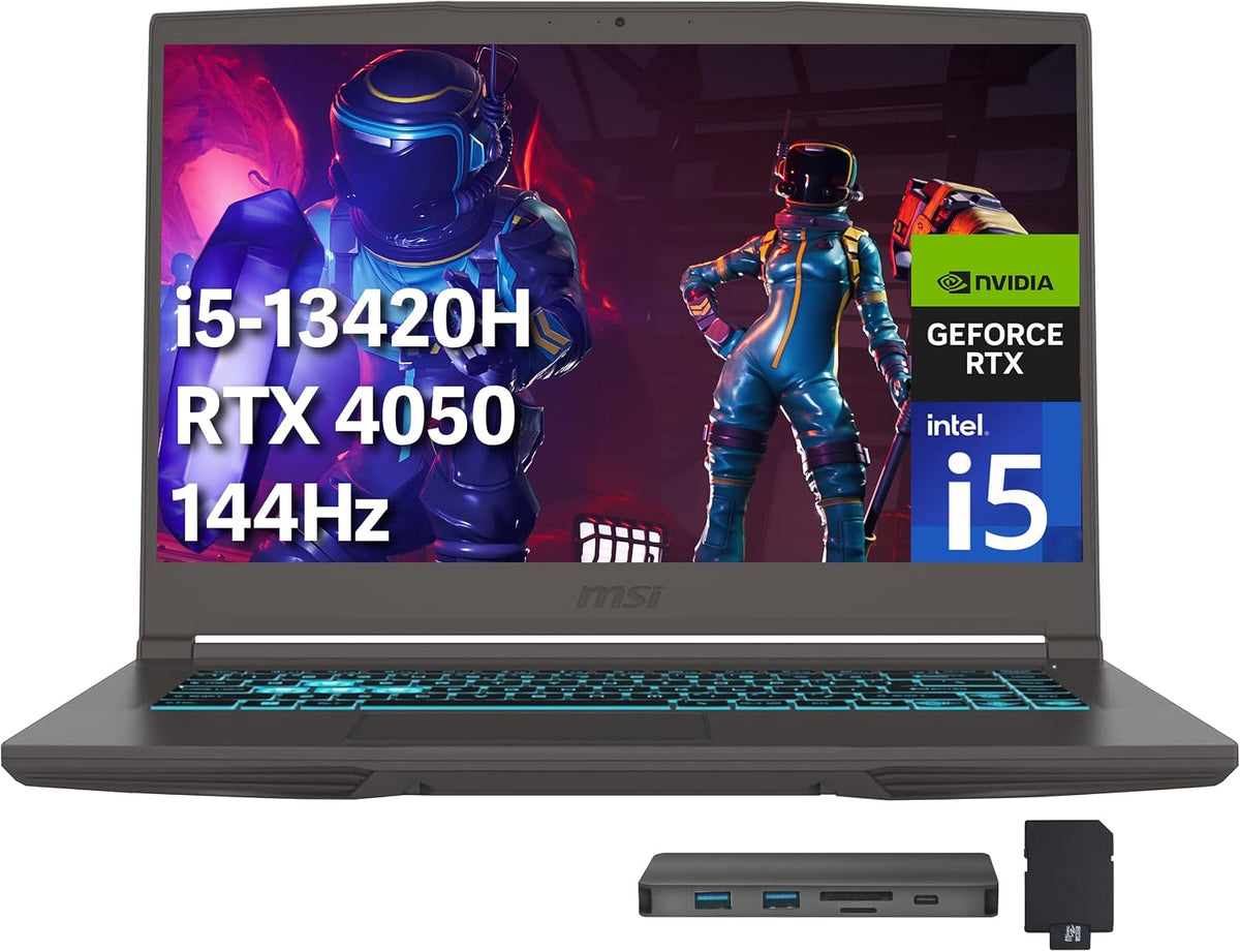 msi Thin 15 15.6' FHD 144Hz Gaming Laptop, Intel i5-13420H, NVIDIA GeForce RTX 4050, 32GB DDR4 RAM, 1TB PCIe SSD, Backlit Keyboard, Wi-Fi 6E, Webcam, Win 11 Pro, Gray, 256GB Docking Station Set
