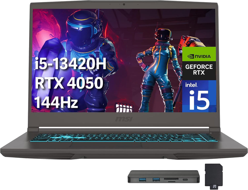 msi Thin 15 15.6' FHD 144Hz Gaming Laptop, Intel i5-13420H, NVIDIA GeForce RTX 4050, 32GB DDR4 RAM, 2TB PCIe SSD, Backlit Keyboard, Wi-Fi 6E, Webcam, Windows 11 Pro, Gray, 256GB Docking Station Set