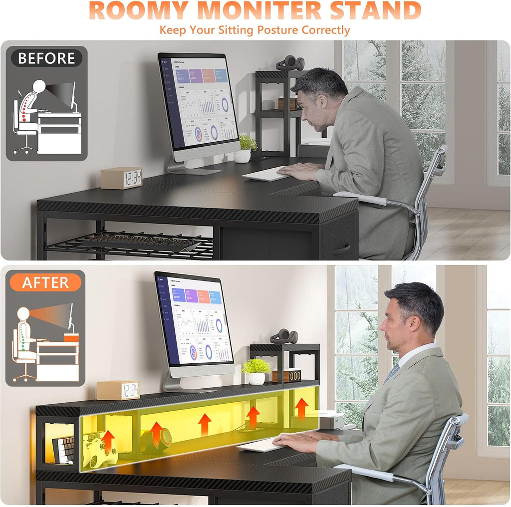 71' L Shaped Gaming Desk with 3 Drawers & Hutch,Computer Desk with Monitor Stand & Power Outlet,Home Office Desk Reversible Black Desk with LED Light,Printer Shelf for Home Office,Black Carbon Fiber