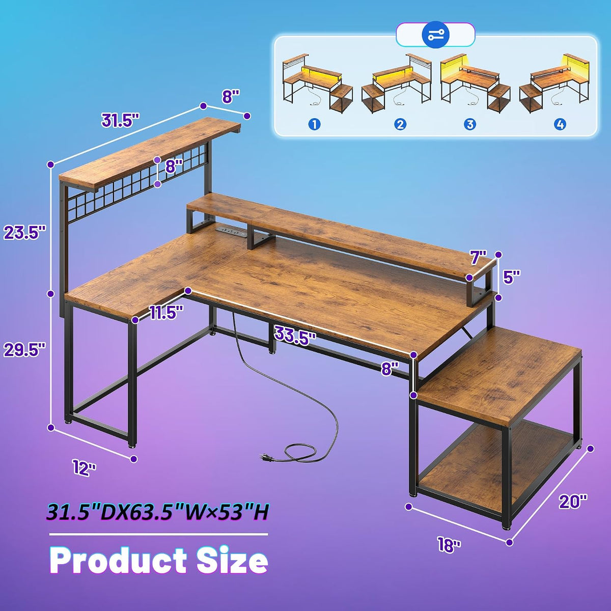 Gaming Desk with Shelves & Hooks, 63.5'L Shaped Computer Desk with LED Lights & Power Outlets & Monitor Stand and Printer Space for Home Office, Writing Desk of Bedroom, Living Room, Rustic Brown