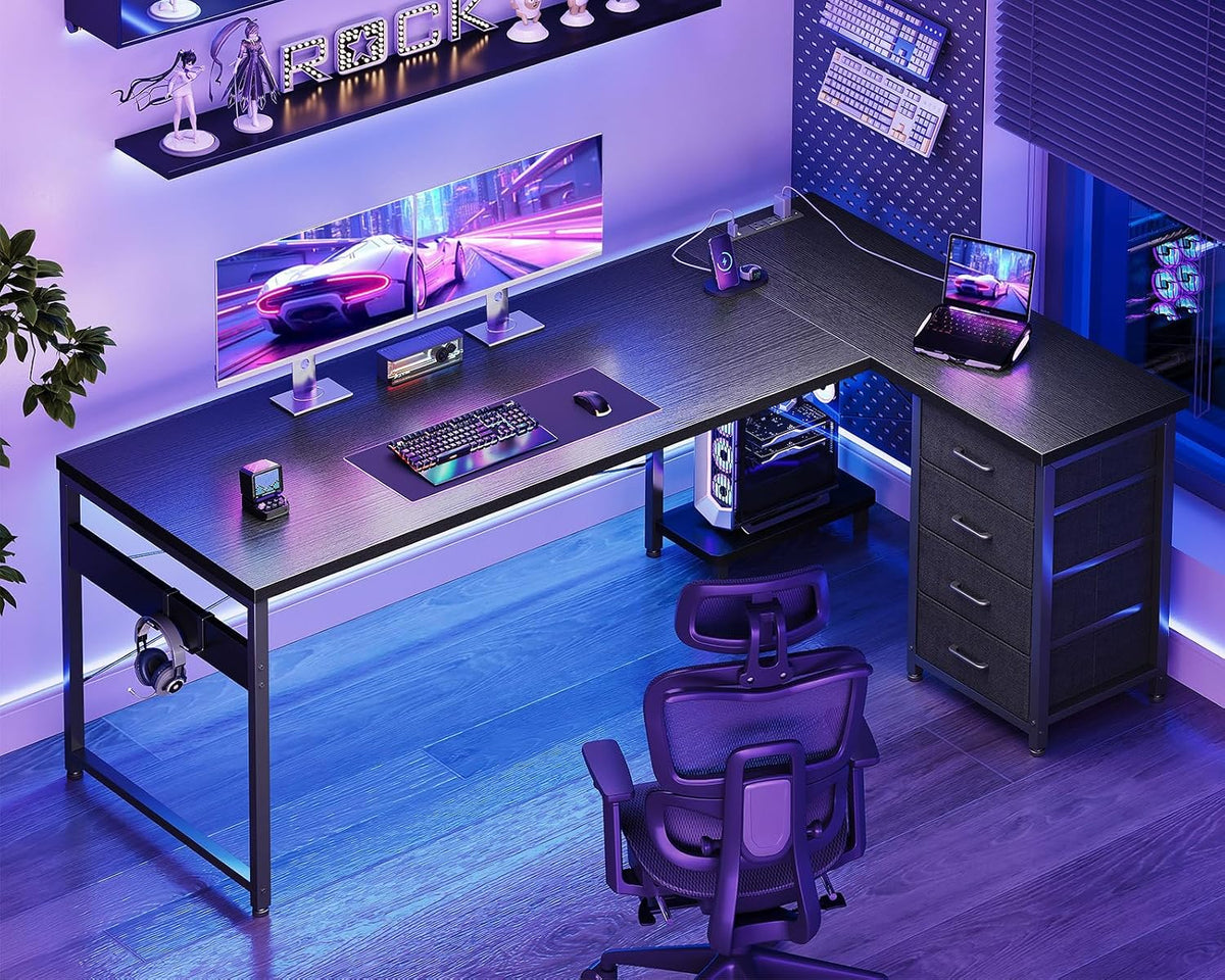 AODK L Shaped Gaming Desk with 4 Drawers, 67' Reversible Home Office Desks with Power Outlets, L Shaped Computer Desk with USB Charging Port and Host Stand, Corner Desk, Easy to Assemble, Black