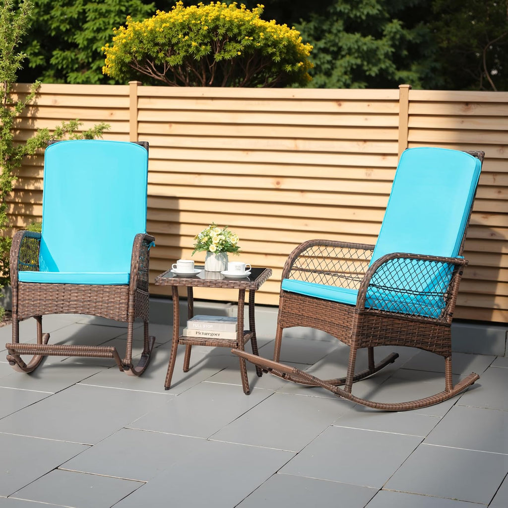 Greesum 3 Piece Outdoor Wicker Rocking Chairs Patio Furniture Set with Glass Coffee Table for Garden Backyard Porch Poolside, Blue