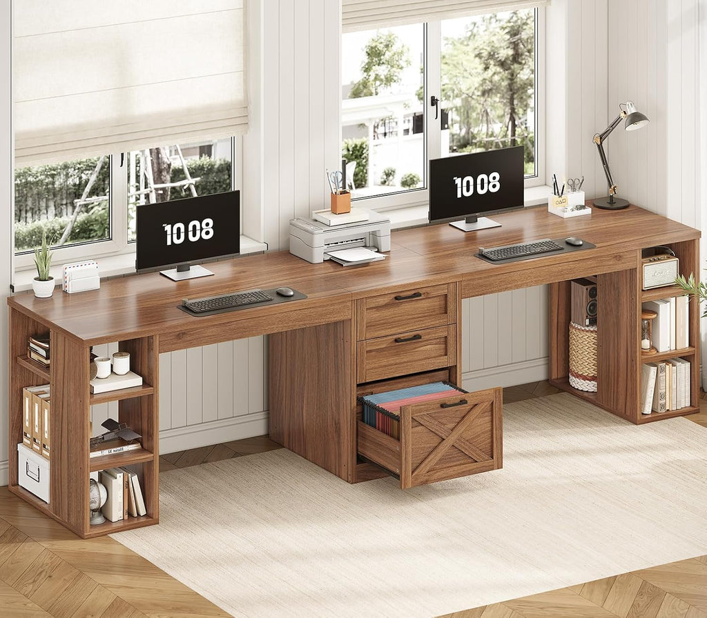 SEDETA Farmhouse 96.5' Computer Desk with Drawers, 2 Person Home Office Desk, Gaming Double Desk with Storage Shelves, Long Two Person Writing Desk, Brown