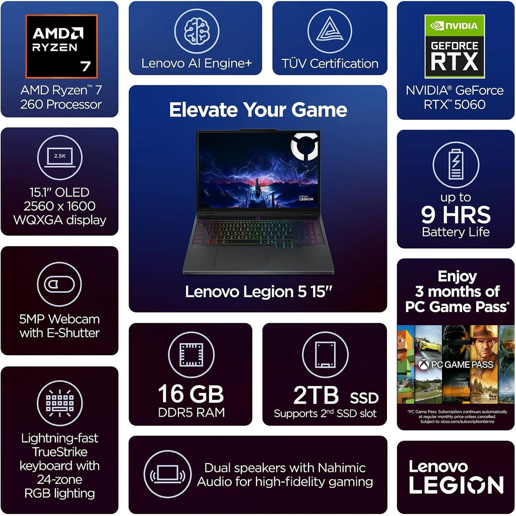 Lenovo Legion 5 15.1' WQXGA OLED 165HZ Gaming Laptop, AMD Ryzen 7 260, RTX 5060, 16GB RAM 2TB SSD, Wi-Fi7, Backlit KB, Win11 Pro & Office Lifetime License, Eclipse Black, w/2TB USB Drive, W/GaLiMu