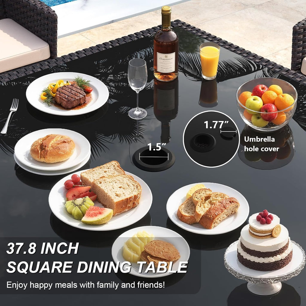Gotland 15 Piece Outdoor Dining Set, All-Weather Rattan Patio Furniture Set with Umbrella Hole Tempered Glass Square Table, Outdoor Table and Chairs with Removable Cushions for Backyard, Deck Navy