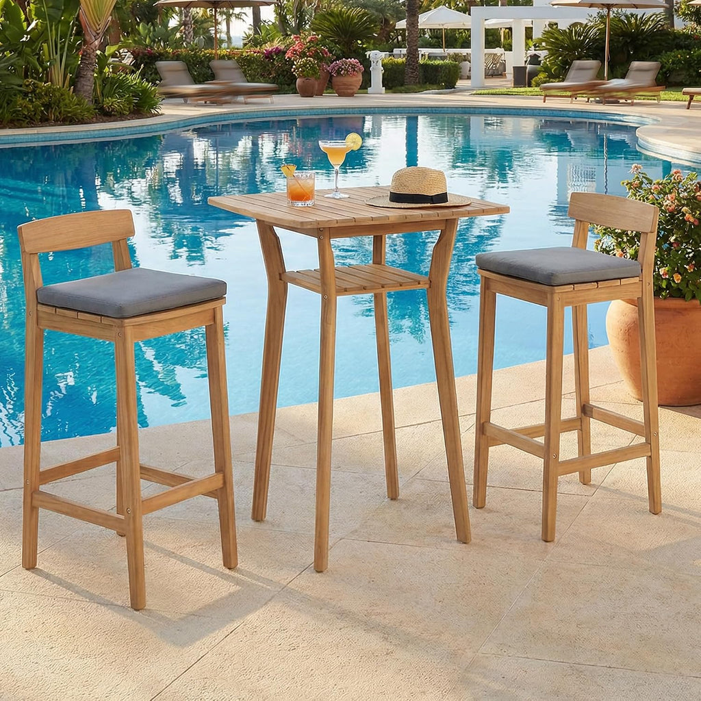 3 Piece Outdoor Patio Bar Set, Modern Patio Furniture Set, Acacia Counter Height Barstools, Bar Height Patio Set with Cushions, 28.5' Patio Bar Stools with Coffee Table for Balcony, Grey