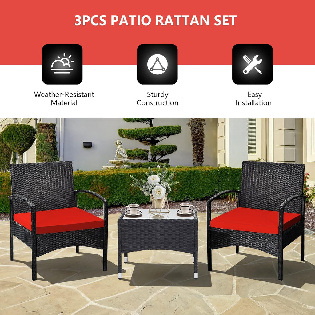 RELAX4LIFE 3-Piece Patio Furniture Set - Rattan Conversation Set, Wicker Bistro Set w/2 Chairs, Glass Coffee Table, Steel Frame, Outdoor Chairs Set for Yard Balcony, Front Porch Furniture (Red)