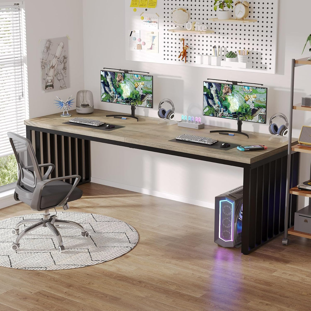 Tribesigns 78.74' Extra Long Computer Desk 2 Person Desk, Double Long Desk with Heavy Duty Metal Frame, Double Workstation Study Table for Home Office, Brown (Without Chair) (Gray & Black)