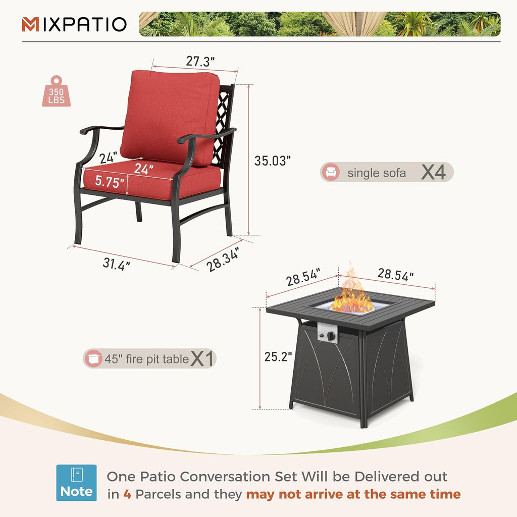 MIXPATIO Patio Furniture Set with Fire Pit Table, 5 Pcs Metal Outdoor Conversation Set, 4 Single Chairs with 5.75' Extra Thick Cushion and 28' Fire Pit Table for Backyard Deck, Red