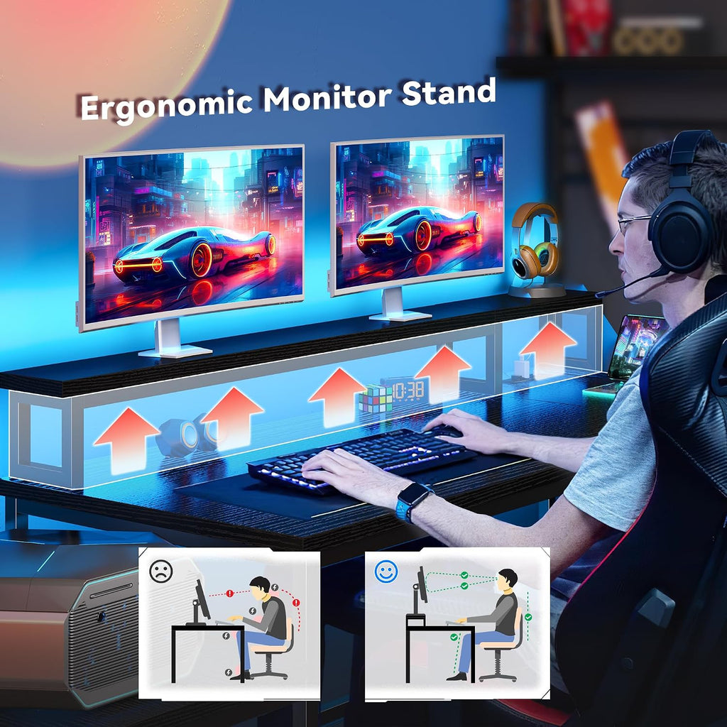 EnHomee 56' Medium L Shaped Gaming Desk with LED & Power Outlets,Computer Desk with Monitor Stand & Print Stand for Home Office,Reversible Corner Gaming Table with Storage Shelf & Hooks,Black