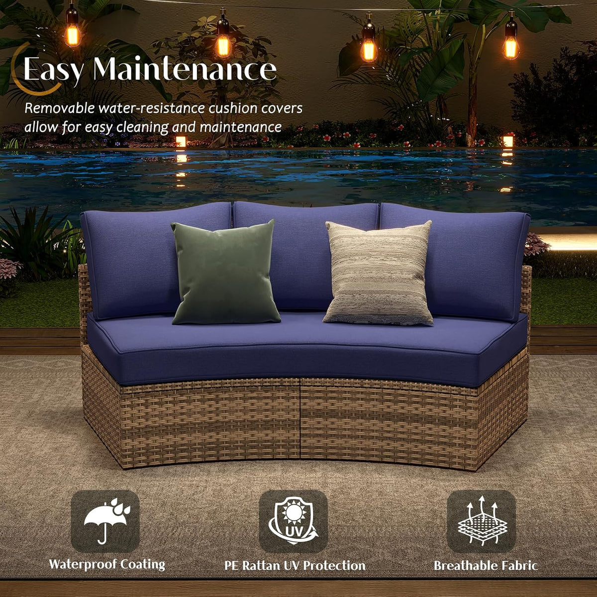 PaPaJet 3-Piece Patio Furniture Set, Half-Moon Wicker Sectional Sofa with Cushions, Waterproof Rattan Outdoor Conversation Set for Beach, Pool, Garden & Balcony, Blue